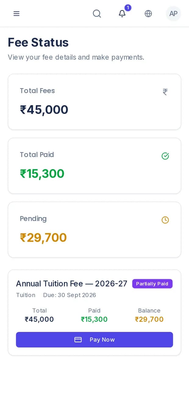 GoKlass student app fee page on a phone showing total fees, amount paid, pending balance and a Pay Now button
